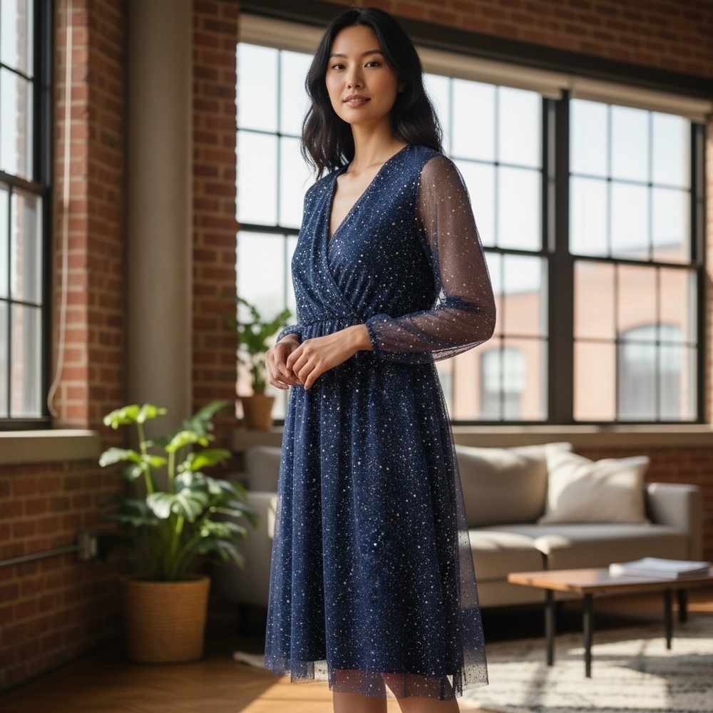 Women’s Shiny Mesh Lantern Sleeve Dress. - Picture 5 of 12